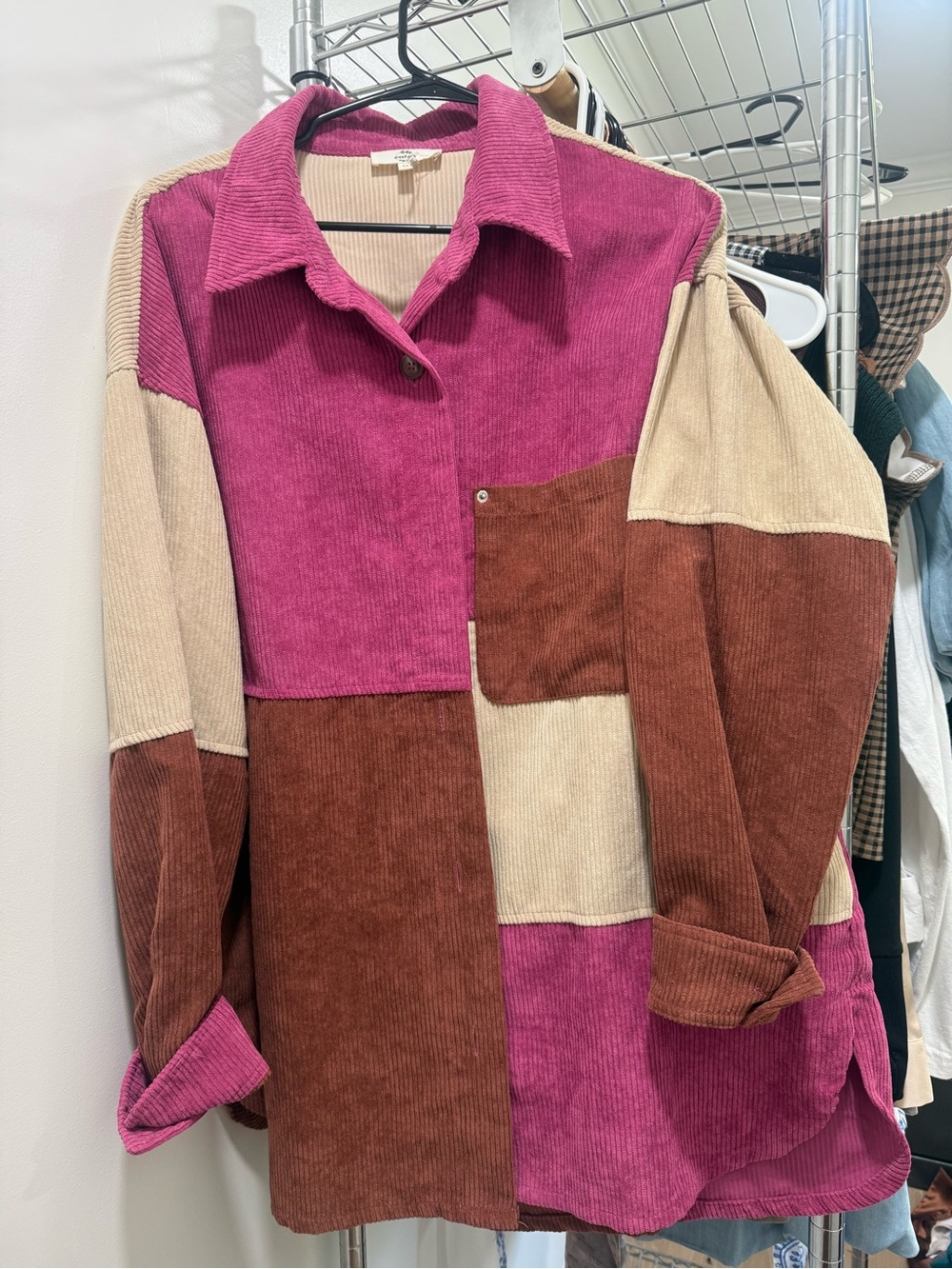 entro Colorblock Corduroy Button-Down Jacket — Pink, Brown, Cream